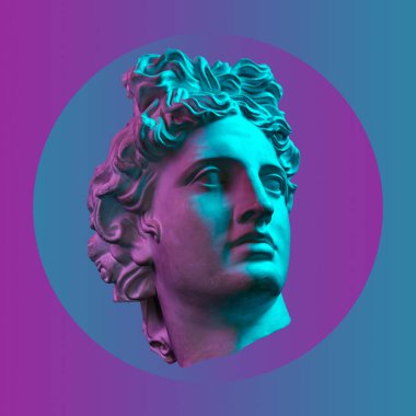 Popüler sanat tarzında insan yüzünün alçıdan yapılmış antik heykelinin kolajı. Antik heykel kafasıyla modern yaratıcı konsept imajı. Zine kültürü. Çağdaş sanat posteri. Acayip minimalizm. Retro tasarımı.