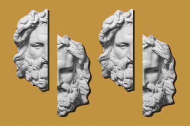 Popüler sanat tarzında insan yüzünün alçıdan yapılmış antik heykelinin kolajı. Antik heykel kafasıyla modern yaratıcı konsept imajı. Zine kültürü. Çağdaş sanat posteri. Acayip minimalizm. Retro tasarımı.