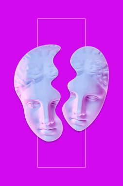 Popüler sanat tarzında insan yüzünün alçıdan yapılmış antik heykelinin kolajı. Antik heykel kafasıyla modern yaratıcı konsept imajı. Zine kültürü. Çağdaş sanat posteri. Acayip minimalizm. Retro tasarımı.