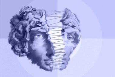 Pop sanat tarzında insan yüzü heykelinin olduğu bir kolaj. Antik heykel kafasıyla modern yaratıcı konsept imajı. Zine kültürü. Çağdaş sanat posteri. Funky punk minimalizmi. Retro sürreal tasarımı.