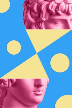 Pop sanat tarzında insan yüzü heykelinin olduğu bir kolaj. Antik heykel kafasıyla modern yaratıcı konsept imajı. Zine kültürü. Çağdaş sanat posteri. Funky punk minimalizmi. Retro sürreal tasarımı.