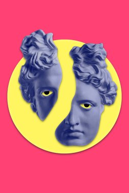 Popüler sanat tarzında insan yüzünün alçıdan yapılmış antik heykelinin kolajı. Antik heykel kafasıyla modern yaratıcı konsept imajı. Zine kültürü. Çağdaş sanat posteri. Acayip minimalizm. Retro tasarımı.