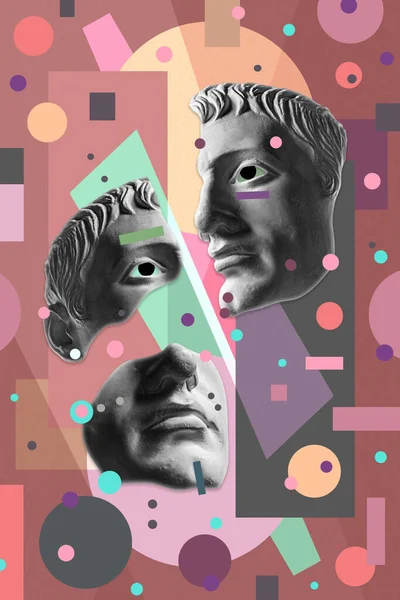 Collage con escultura de rostro humano en un estilo pop art. Imagen de concepto creativo moderno con cabeza de estatua antigua. Cultivo Zine. Cartel de arte contemporáneo. Minimalismo punk funky. Diseño surrealista retro. — Foto de Stock