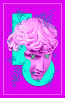 Popüler sanat tarzında insan yüzünün alçıdan yapılmış antik heykelinin kolajı. Antik heykel kafasıyla modern yaratıcı konsept imajı. Zine kültürü. Çağdaş sanat posteri. Acayip minimalizm. Retro tasarımı.