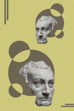 Popüler sanat tarzında insan yüzünün alçıdan yapılmış antik heykelinin kolajı. Antik heykel kafasıyla modern yaratıcı konsept imajı. Zine kültürü. Çağdaş sanat posteri. Acayip minimalizm. Retro tasarımı.