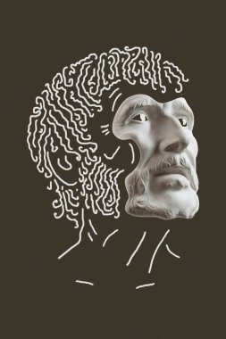 Gerçeküstü yüz çizimi. Katı ve sert bir adamla modern sanat yaratıcı imajı. Modern kübizm tarzında çılgın çağdaş çizimler. Pop sanat posteri. Zine kültürü. Acayip minimalist. Yaşlı sakallı adam.