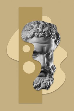 Popüler sanat tarzında insan yüzünün alçıdan yapılmış antik heykelinin kolajı. Antik heykel kafasıyla modern yaratıcı konsept imajı. Zine kültürü. Çağdaş sanat posteri. Acayip minimalizm. Retro tasarımı.