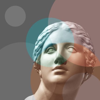 Popüler sanat tarzında alçıdan antik Venüs heykelinin olduğu moda sanatları kolajı. Modern sürrealizm tarzında yaratıcı moda konsepti. Güzellik, moda ve sağlık teması. Zine kültürü.