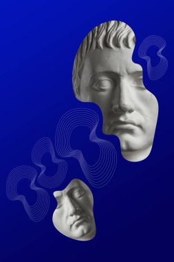 Popüler sanat tarzında insan yüzünün alçıdan yapılmış antik heykelinin kolajı. Antik heykel kafasıyla modern yaratıcı konsept imajı. Zine kültürü. Çağdaş sanat posteri. Acayip minimalizm. Retro tasarımı.