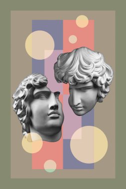 Popüler sanat tarzında insan yüzünün alçıdan yapılmış antik heykelinin kolajı. Antik heykel kafasıyla modern yaratıcı konsept imajı. Zine kültürü. Çağdaş sanat posteri. Acayip minimalizm. Retro tasarımı.