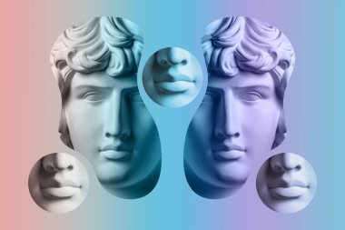 Popüler sanat tarzında insan yüzünün alçıdan yapılmış antik heykelinin kolajı. Antik heykel kafasıyla modern yaratıcı konsept imajı. Zine kültürü. Çağdaş sanat posteri. Acayip minimalizm. Retro tasarımı.