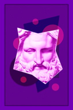 Popüler sanat tarzında insan yüzünün alçıdan yapılmış antik heykelinin kolajı. Antik heykel kafasıyla modern yaratıcı konsept imajı. Zine kültürü. Çağdaş sanat posteri. Acayip minimalizm. Retro tasarımı.