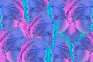 Popüler sanat tarzında insan yüzünün alçıdan yapılmış antik heykelinin kolajı. Antik heykel kafasıyla modern yaratıcı konsept imajı. Zine kültürü. Çağdaş sanat posteri. Acayip minimalizm. Retro tasarımı.