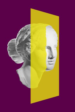 Pop sanat tarzında insan yüzü heykelinin olduğu bir kolaj. Antik heykel kafasıyla modern yaratıcı konsept imajı. Zine kültürü. Çağdaş sanat posteri. Funky punk minimalizmi. Retro sürreal tasarımı.