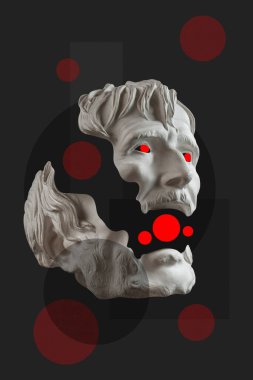 Pop sanat tarzında insan yüzü sürrealite kolajının antik bir heykeli. Heykel kafasının kesik detaylarıyla modern görüntü. Kırmızı gözler. Karanlık kavram. Zine kültürü. Çağdaş sanat posteri. Tuhaf retro minimalizm.