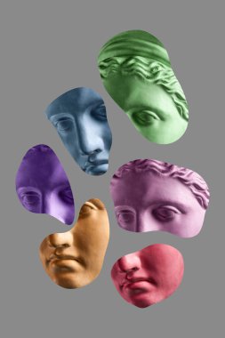 Pop sanat tarzında insan yüzü heykelinin olduğu bir kolaj. Antik heykel kafasıyla modern yaratıcı konsept imajı. Zine kültürü. Çağdaş sanat posteri. Funky punk minimalizmi. Retro sürreal tasarımı.