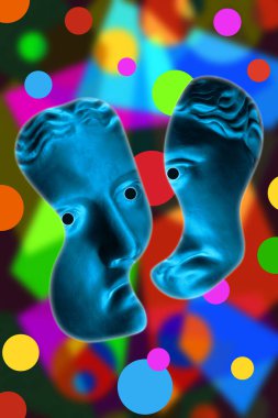 Pop sanat tarzında insan yüzü heykelinin olduğu bir kolaj. Antik heykel kafasıyla modern yaratıcı konsept imajı. Zine kültürü. Çağdaş sanat posteri. Funky punk minimalizmi. Retro sürreal tasarımı.