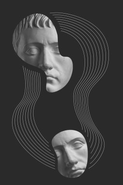 Popüler sanat tarzında insan yüzünün alçıdan yapılmış antik heykelinin kolajı. Antik heykel kafasıyla modern yaratıcı konsept imajı. Zine kültürü. Çağdaş sanat posteri. Acayip minimalizm. Retro tasarımı.