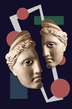 Pop sanat tarzında insan yüzü heykelinin olduğu bir kolaj. Antik heykel kafasıyla modern yaratıcı konsept imajı. Zine kültürü. Çağdaş sanat posteri. Funky punk minimalizmi. Retro sürreal tasarımı.