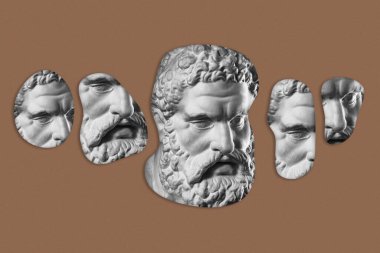 Popüler sanat tarzında insan yüzünün alçıdan yapılmış antik heykelinin kolajı. Antik heykel kafasıyla modern yaratıcı konsept imajı. Zine kültürü. Çağdaş sanat posteri. Acayip minimalizm. Retro tasarımı.