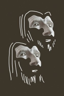 Gerçeküstü yüz çizimi. Katı ve sert bir adamla modern sanat yaratıcı imajı. Modern kübizm tarzında çılgın çağdaş çizimler. Pop sanat posteri. Zine kültürü. Acayip minimalist. Yaşlı sakallı adam.