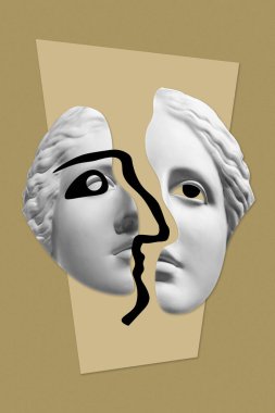 Pop sanat tarzında insan yüzü heykelinin olduğu bir kolaj. Antik heykel kafasıyla modern yaratıcı konsept imajı. Zine kültürü. Çağdaş sanat posteri. Funky punk minimalizmi. Retro sürreal tasarımı.