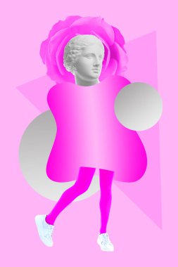 Popüler sanat tarzında insan yüzünün alçıdan yapılmış antik heykelinin kolajı. Antik heykel kafasıyla modern yaratıcı konsept imajı. Zine kültürü. Çağdaş sanat posteri. Acayip minimalizm. Retro tasarımı.