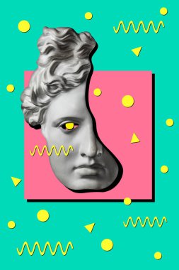 Popüler sanat tarzında insan yüzünün alçıdan yapılmış antik heykelinin kolajı. Antik heykel kafasıyla modern yaratıcı konsept imajı. Zine kültürü. Çağdaş sanat posteri. Acayip minimalizm. Retro tasarımı.