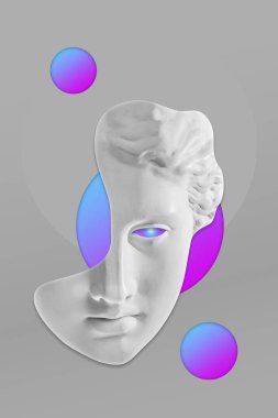 Popüler sanat tarzında insan yüzünün alçıdan yapılmış antik heykelinin kolajı. Antik heykel kafasıyla modern yaratıcı konsept imajı. Zine kültürü. Çağdaş sanat posteri. Acayip minimalizm. Retro tasarımı.