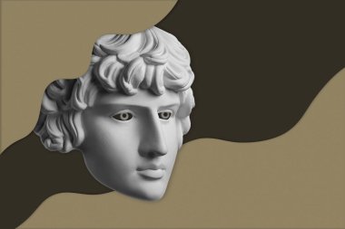 Pop sanat tarzında insan yüzü heykelinin olduğu bir kolaj. Antik heykel kafasıyla modern yaratıcı konsept imajı. Zine kültürü. Çağdaş sanat posteri. Funky punk minimalizmi. Retro sürreal tasarımı.