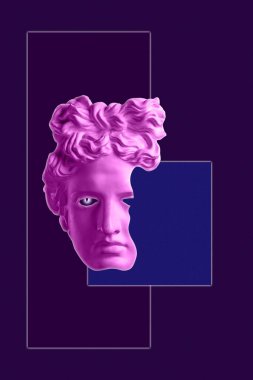Popüler sanat tarzında insan yüzünün alçıdan yapılmış antik heykelinin kolajı. Antik heykel kafasıyla modern yaratıcı konsept imajı. Zine kültürü. Çağdaş sanat posteri. Acayip minimalizm. Retro tasarımı.
