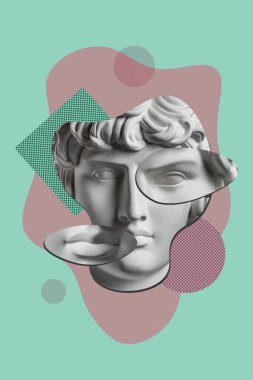 Popüler sanat tarzında insan yüzünün alçıdan yapılmış antik heykelinin kolajı. Antik heykel kafasıyla modern yaratıcı konsept imajı. Zine kültürü. Çağdaş sanat posteri. Acayip minimalizm. Retro tasarımı.