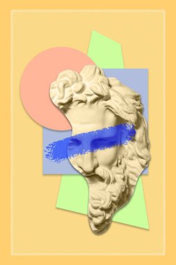Popüler sanat tarzında insan yüzünün alçıdan yapılmış antik heykelinin kolajı. Antik heykel kafasıyla modern yaratıcı konsept imajı. Zine kültürü. Çağdaş sanat posteri. Acayip minimalizm. Retro tasarımı.