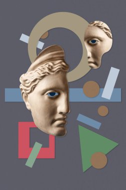 Pop sanat tarzında insan yüzü heykelinin olduğu bir kolaj. Antik heykel kafasıyla modern yaratıcı konsept imajı. Zine kültürü. Çağdaş sanat posteri. Funky punk minimalizmi. Retro sürreal tasarımı.