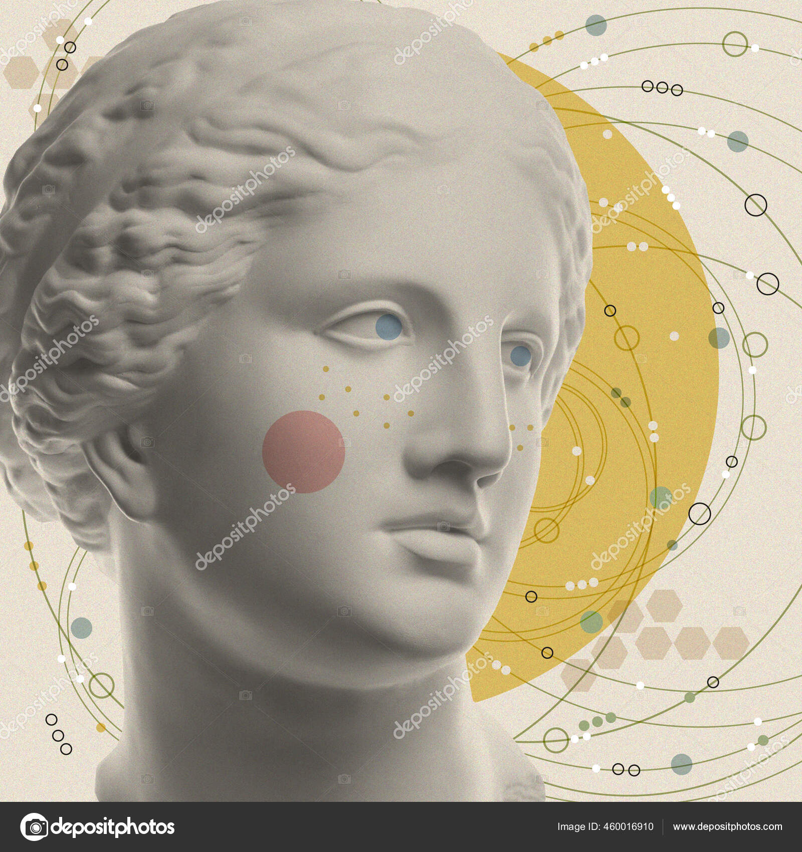 Художественный Коллаж С Антикварной Скульптурой Лица И Чисел.