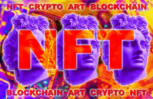 NFT Non fungible token. Crypto art concept. Technology selling unique collectibles, games characters, blockchain assets and digital artwork. Future of art market. Cryptocurrencies and e-commerce. — Stock Photo, Image