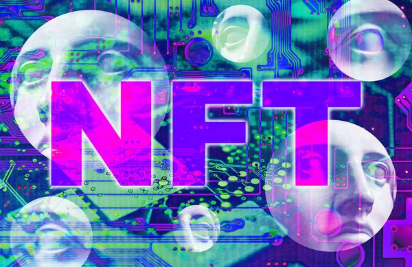 NFT Non fungible token. Crypto art concept. Technology selling unique collectibles, games characters, blockchain assets and digital artwork. Future of art market. Cryptocurrencies and e-commerce. — Stock Photo, Image