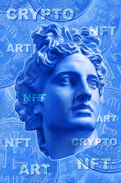NFT Non fungible token. Crypto art concept. Technology selling unique collectibles, games characters, blockchain assets and digital artwork. Future of art market. Cryptocurrencies and e-commerce. — Stock Photo, Image