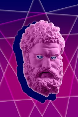 Pop sanat tarzında insan yüzü heykelinin olduğu bir kolaj. Antik heykel kafasıyla modern yaratıcı konsept imajı. Zine kültürü. Çağdaş sanat posteri. Funky punk minimalizmi. Kripto sanat tasarımı.