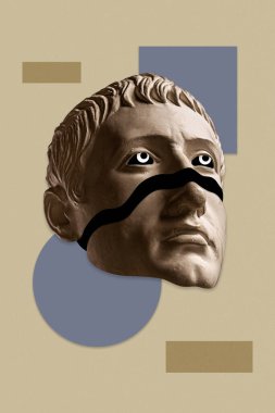 Pop sanat tarzında insan yüzü heykelinin olduğu bir kolaj. Antik heykel kafasıyla modern yaratıcı konsept imajı. Zine kültürü. Çağdaş sanat posteri. Funky punk minimalizmi. Retro sürreal tasarımı.