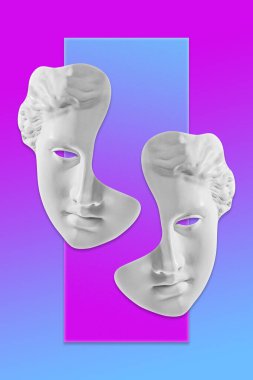 Popüler sanat tarzında insan yüzünün alçıdan yapılmış antik heykelinin kolajı. Antik heykel kafasıyla modern yaratıcı konsept imajı. Zine kültürü. Çağdaş sanat posteri. Acayip minimalizm. Retro tasarımı.