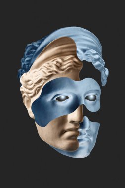 Pop sanat tarzında insan yüzü heykelinin olduğu bir kolaj. Antik heykel kafasıyla modern yaratıcı konsept imajı. Zine kültürü. Çağdaş sanat posteri. Funky punk minimalizmi. Retro sürreal tasarımı.