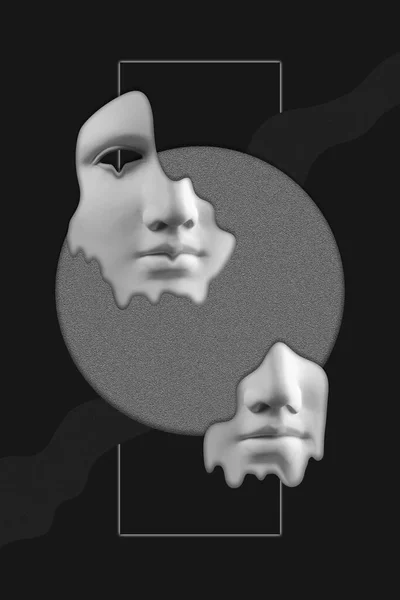 Antieke sculptuur van de vrouw gezicht surrealistische collage in pop art stijl. Moderne afbeelding met gesneden details van standbeeld hoofd op een zwart. Donker concept. Hedendaagse kunst poster. Funky retro minimalisme. Zincultuur. — Stockfoto
