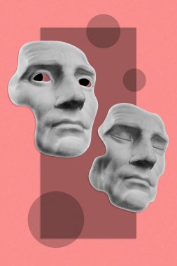 Pop sanat tarzında insan yüzü heykelinin olduğu bir kolaj. Antik heykel kafasıyla modern yaratıcı konsept imajı. Zine kültürü. Çağdaş sanat posteri. Funky punk minimalizmi. Retro sürreal tasarımı.