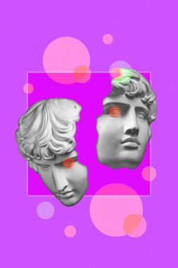 Popüler sanat tarzında insan yüzünün alçıdan yapılmış antik heykelinin kolajı. Antik heykel kafasıyla modern yaratıcı konsept imajı. Zine kültürü. Çağdaş sanat posteri. Acayip minimalizm. Retro tasarımı.