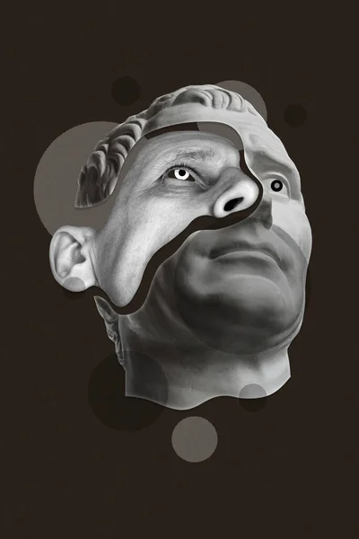 Collage with details gloomy male face and statue head in a surreal pop art style. Modern creative image with severe man face and statue head. Zine culture. Contemporary art poster. Funky minimalism.