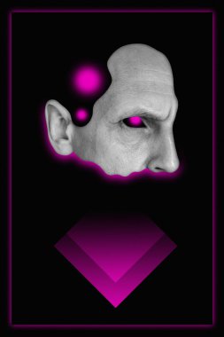 Gerçeküstü bir pop sanat tarzında kasvetli erkek yüzü olan kolaj. Sert erkek kafasıyla modern yaratıcı konsept imajı. Zine kültürü. Çağdaş sanat posteri. Retro soyut tasarım. Funky minimalizm.