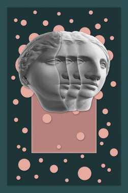 Popüler sanat tarzında insan yüzünün alçıdan yapılmış antik heykelinin kolajı. Antik heykel kafasıyla modern yaratıcı konsept imajı. Zine kültürü. Çağdaş sanat posteri. Acayip minimalizm. Retro tasarımı.