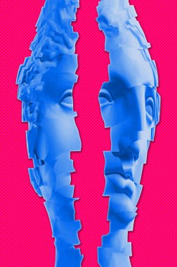 Popüler sanat tarzında insan yüzünün alçıdan yapılmış antik heykelinin kolajı. Antik heykel kafasıyla modern yaratıcı konsept imajı. Zine kültürü. Çağdaş sanat posteri. Acayip minimalizm. Retro tasarımı.