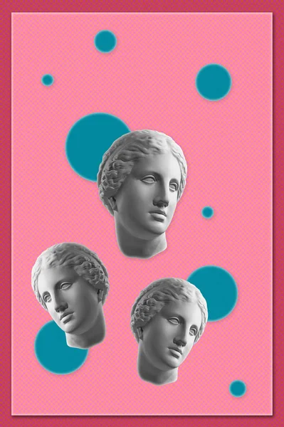 Collage avec plâtre sculpture antique du visage humain dans un style pop art. Image de concept créatif moderne avec tête de statue ancienne. Zine culture. Affiche d'art contemporain. Minimalisme funky. Design rétro. — Photo